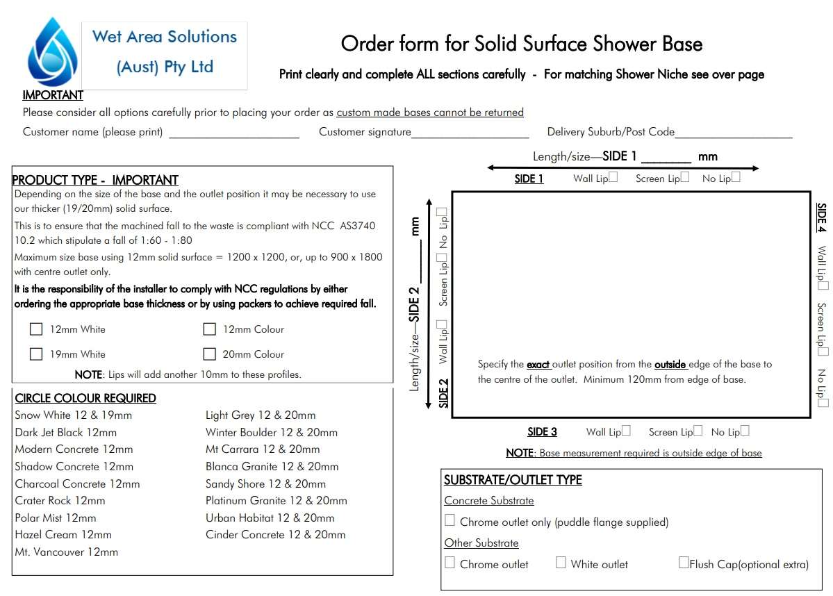 Solid Surface Shower Base order form