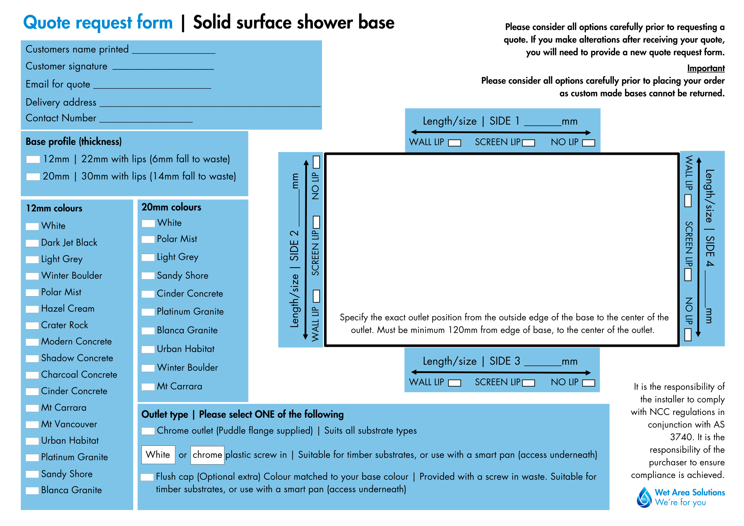 SHOWER BASE QUOTE FORM